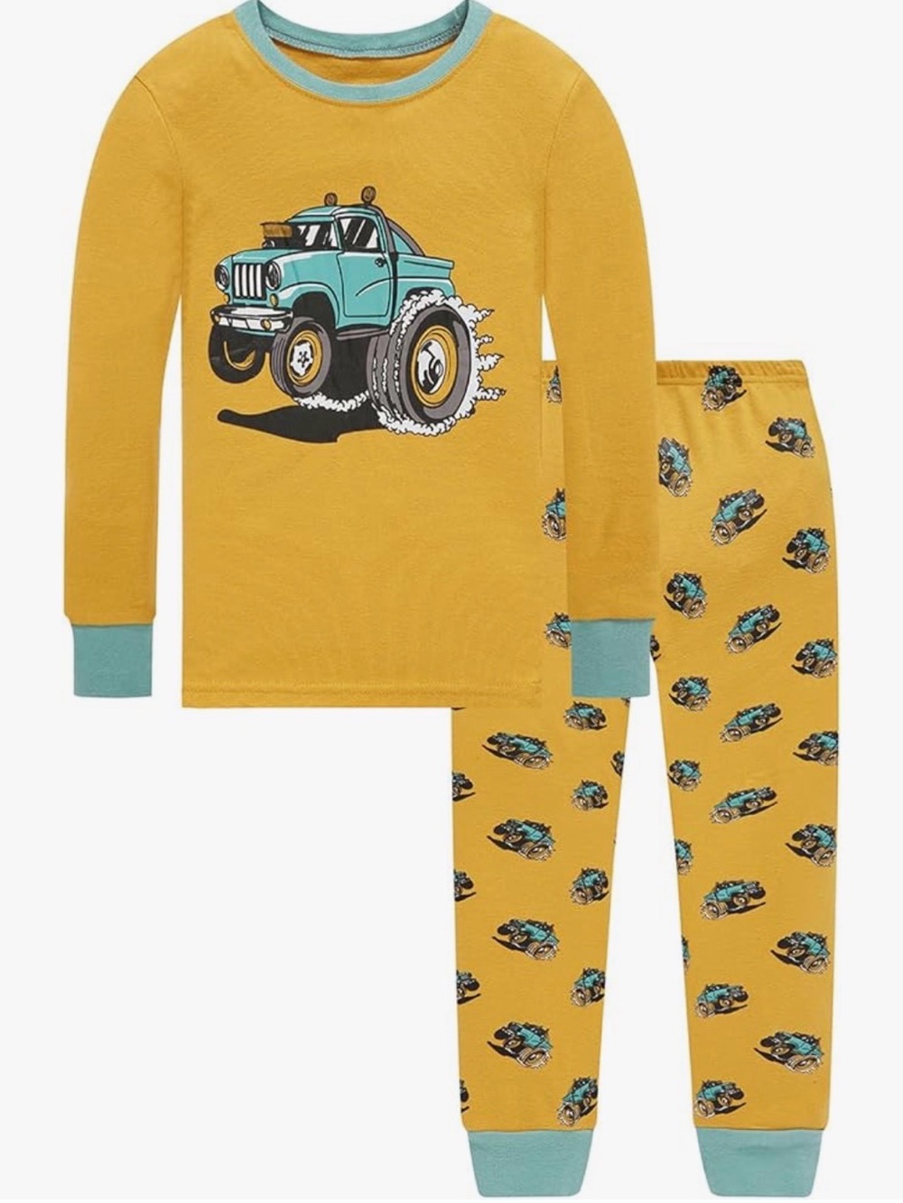 Yellow Monster Truck Pajama Set with blue Trim